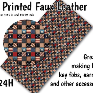 May include: Printed faux leather sheet with a red, white, and blue checkered pattern. The sheet is available in two sizes: 6x12 inches and 12x12 inches. The product code is 1124H.
