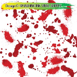 May include: A white background with red paint splatters of various sizes and shapes. The splatters are randomly arranged and create a dynamic and energetic pattern.