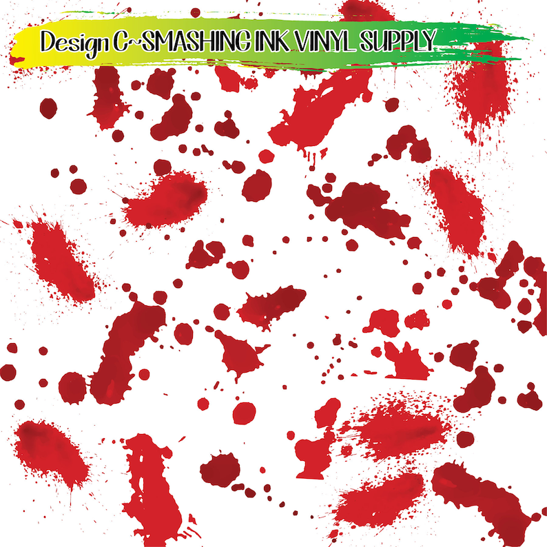 May include: A white background with red paint splatters of various sizes and shapes. The splatters are randomly arranged and create a dynamic and energetic pattern.