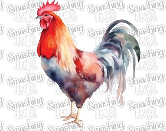 May include: A watercolor painting of a rooster with a red comb and wattle, a gray and blue body, and a long, flowing tail.