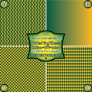 May include: Four different patterns of dark green and gold vinyl sheets. The patterns include a chevron, a diamond, and two different checkered patterns. The text "L120 Dark Green & Gold Patterns Printed Vinyl Sheets Outdoor - HTV - Indoor See FAQ for Processing Time SMASHING INK VINYL SUPPLY" is in a black banner.
