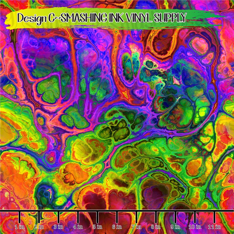 May include: Abstract colorful design with swirling patterns in shades of green, yellow, orange, red, purple, and blue. The design is reminiscent of liquid marble or paint.