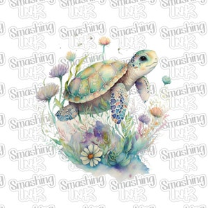 May include: A watercolor painting of a sea turtle swimming through a bed of colorful flowers. The turtle is green and blue with a brown shell. The flowers are purple, pink, and yellow.