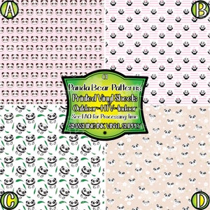 May include: Four different panda bear patterns printed on vinyl sheets. The patterns include a pink background with panda bears, a pink and white striped background with panda bears, a white background with panda bears and green leaves, and a beige background with panda bears and white flowers. The text "Panda Bear Patterns Printed Vinyl Sheets Outdoor HTV Indoor See FAQ for Processing Time SMASHING INK VINYL SUPPLY" is in a black banner at the top of the image.