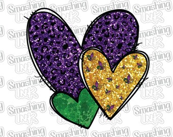 May include: Three overlapping hearts in a purple, gold, and green glitter pattern. The hearts are outlined in black and have a distressed look.