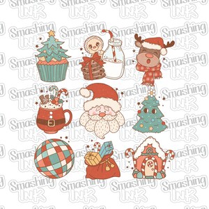 May include: A collection of retro Christmas-themed illustrations. Includes a Christmas tree cupcake, gingerbread man with cookies, reindeer with a scarf, Santa Claus, a hot chocolate mug, a Christmas tree, a decorative ball, a bag of gifts, and a gingerbread house.
