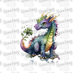 May include: A watercolor illustration of a friendly dragon. The dragon has a blue body, green and yellow belly, purple head and tail, and gold horns. It is holding a sprig of green leaves and is sitting on a rock.