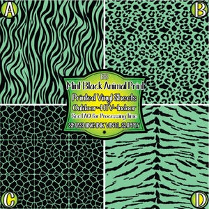 May include: Four mint and black animal print vinyl sheets. The prints include zebra stripes, leopard spots, giraffe pattern, and tiger stripes. The text on the image reads "Mint Black Animal Print Printed Vinyl Sheets Outdoor HTV-Indoor".