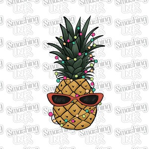 May include: A pineapple with a green top and yellow body is wearing red sunglasses and has colorful lights wrapped around it.