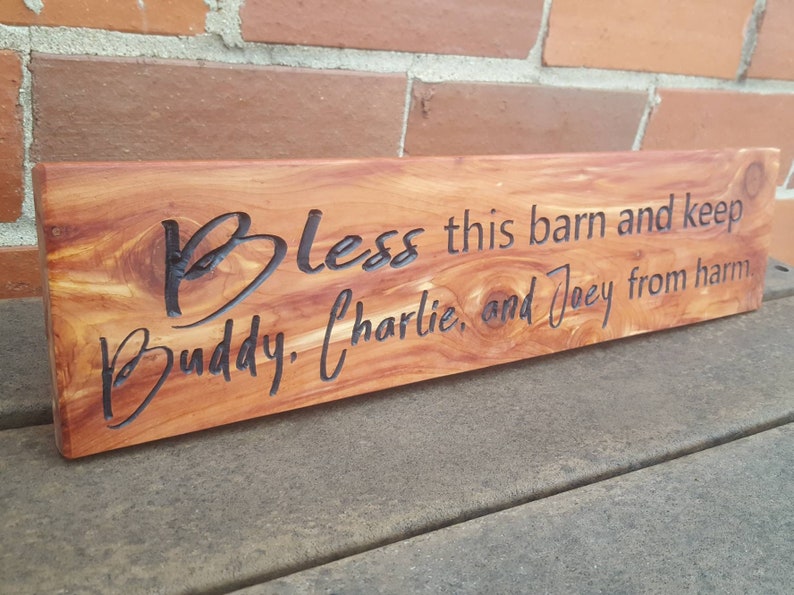 Cedar Barn Farm Rustic Carved Family Sign Custom Saying Bible Verse 7 x 24 Christian image 2