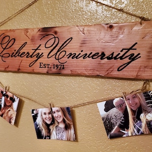 College University Dorm Decor Photo Holder Custom Carved Redwood Sign Name Personalized Liberty We the Champions 5&quot; x 24&quot;