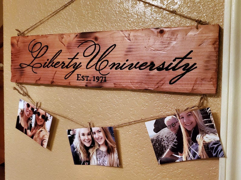 College University Dorm Decor Photo Holder Custom Carved Redwood Sign Name Personalized Liberty We the Champions 5 x 24 zdjęcie 1