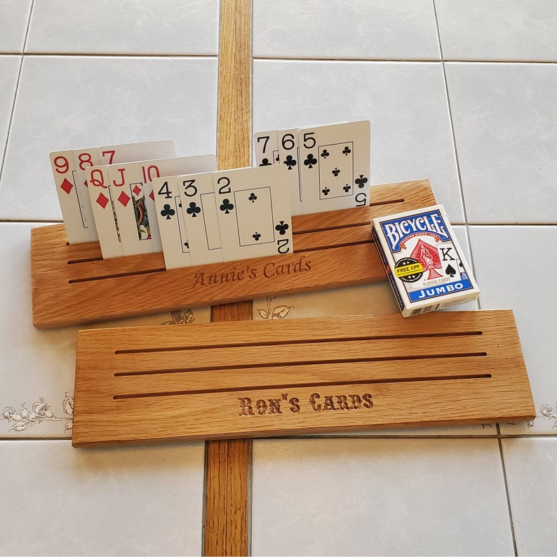 Playing Card Hands Free Holder Wood Custom Carved 3 x 11 Oak Set of 2 imagem 1