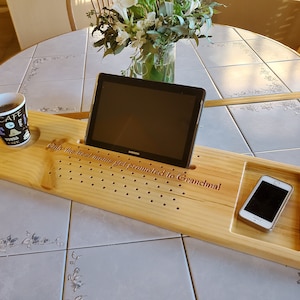 Recliner Tray 11.5 x 33-38 Custom Made to Order Pine Caddy Shelf Tablet Cell Phone Candle Holder Unwind Relax Spa Day Routed Wood Mom Gift zdjęcie 1