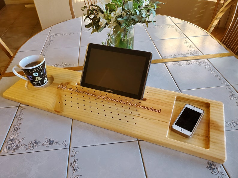 Recliner Tray 11.5 x 33-38 Custom Made to Order Pine Caddy Shelf Tablet Cell Phone Candle Holder Unwind Relax Spa Day Routed Wood Mom Gift zdjęcie 1