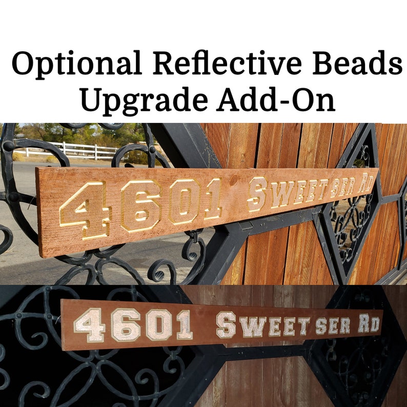 Adresbord buiten gesneden aangepaste gepersonaliseerde gebeitste sequoia 5 x 68 met optionele reflecterende kralen voor hoge zichtbaarheid buiten 108-2 afbeelding 3