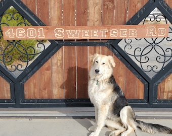 Address Sign Outside Carved Custom Personalized Stained Redwood 5" x 68" with Optional Reflective Beads for High Visibility Outside 108-2