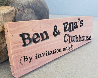 Child's Clubhouse Playhouse Custom Carved Routed Wood Redwood Sign Name Personalized Treehouse Bedroom Play Room Girl Boy Kids 5x18" 114-1