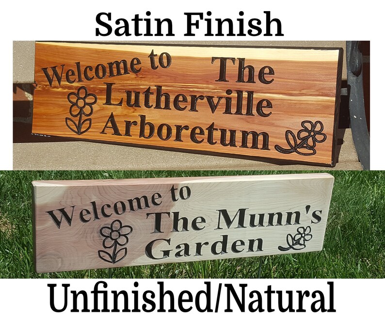 Garden Sign Personalized Name Custom Routed Wood Cedar Sign With Simple Graphics Flowers Free-Standing w/ Stakes or Keyhole Slot 5x18 image 6