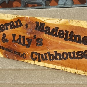 Child's Clubhouse Playhouse Custom Routed Wood Cedar Sign Name Personalized Sign Treehouse Bedroom Play Room Girl Boy Kids Sign 4 x 16 image 1