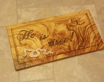 He is Risen Mark 16:6 Bible Verse Sign Wood Plaque Easter Sign Wall Carved Routed Painted Solid Pine Christian Wood Sign Jesus is Risen Sign