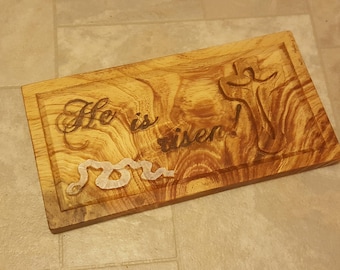 He is Risen Wood Sign: Carved Christian Easter Decor