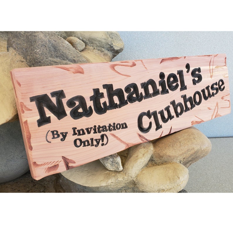 Child's Clubhouse Playhouse Custom Carved Routed Wood Redwood Sign Name Personalized Treehouse Bedroom Play Room Girl Boy Kids 5x18 114-1 zdjęcie 4