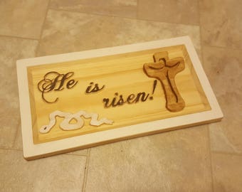 Es resucitado signo marca 16:6 placa de madera signo de Pascua pared tallado señal enrutada pintado signo cristiano católico Jesús Versículo Signo