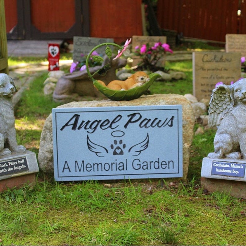 Angel Paws Memorial Garden Plaque Engraved Routed Carved 16 x 9 Prayer Tribute or Memorial Marker Stone Grave Marker Weatherproof Corian image 1