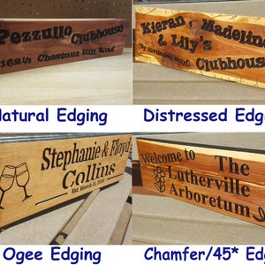May include: Four wooden signs with different edge styles. The signs are made of natural wood with black lettering. The signs feature different text, including names, addresses, and welcome messages. The signs are examples of different edge styles for wooden signs.