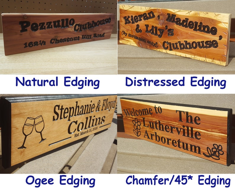 May include: Four wooden signs with different edge styles. The signs are made of natural wood with black lettering. The signs feature different text, including names, addresses, and welcome messages. The signs are examples of different edge styles for wooden signs.