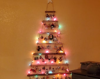 Space Saving Wall Mounted Christmas Tree Shaped Ornament Holder Rustic Wood