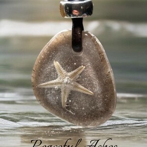 Pode incluir: Pingente oval transparente com uma estrela-do-mar embutida, suspenso por um cordão de couro castanho com um fecho de metal prateado. O texto "Peaceful Ashes" está escrito na parte inferior.