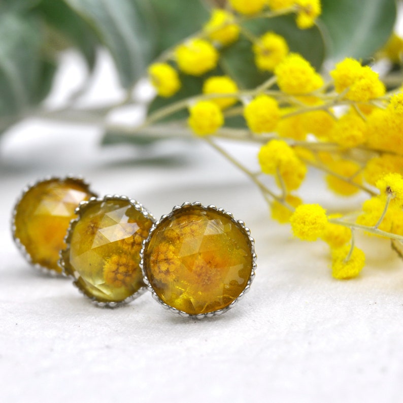 Golden Wattle Stud Earrings Mimosa Flower In Resin Studs Etsy