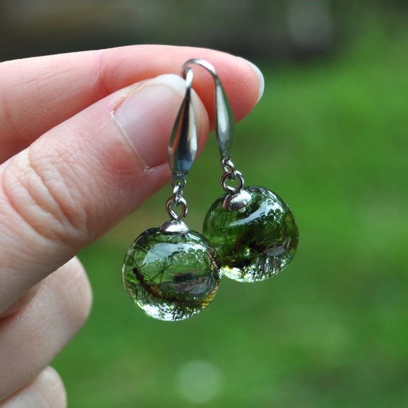Forest Moss Drop Earrings \u2022 Terrarium Dangle Earrings \u2022 Resin Globe Earrings \u2022 Green Terrarium Jewellery \u2022 Earrings for Forest Wedding
