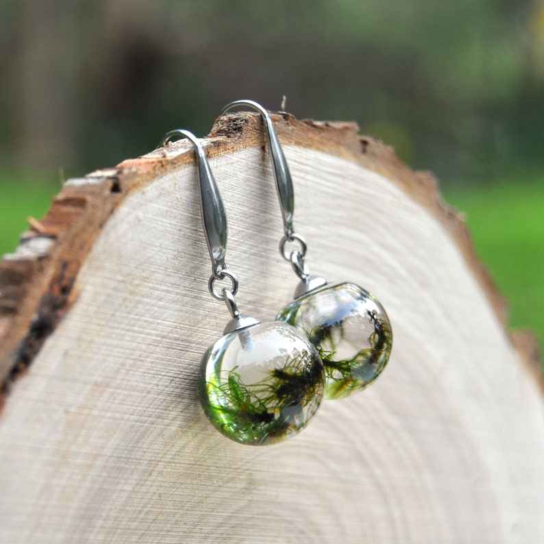 Forest Moss Drop Earrings \u2022 Terrarium Dangle Earrings \u2022 Resin Globe Earrings \u2022 Green Terrarium Jewellery \u2022 Earrings for Forest Wedding