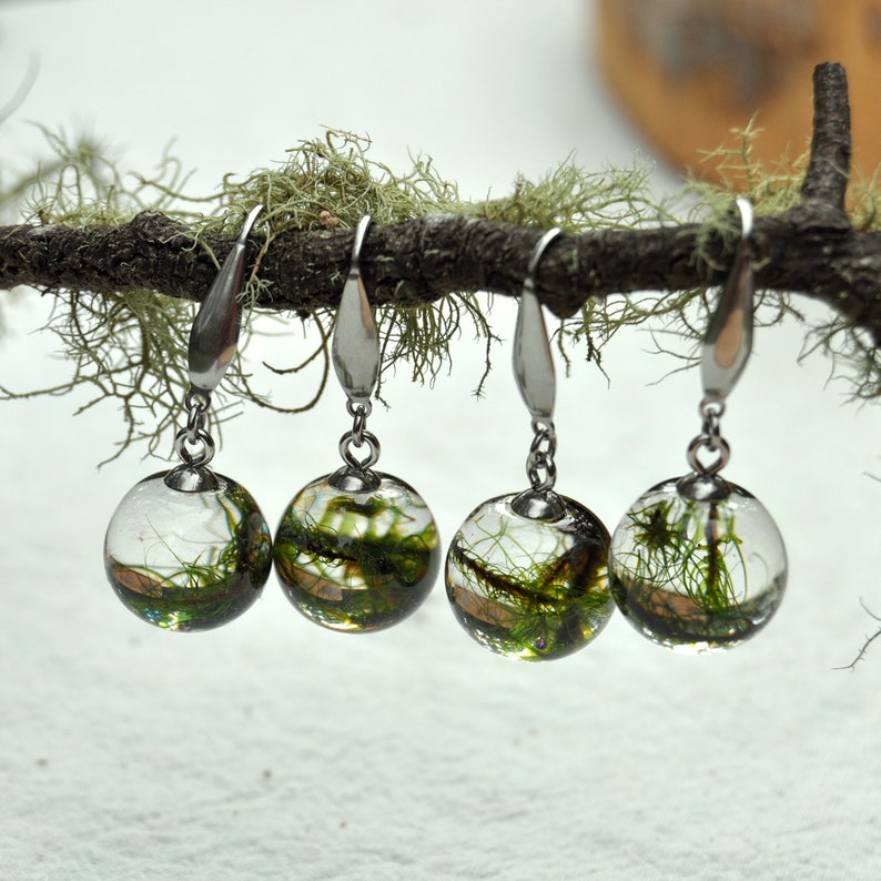 Forest Moss Drop Earrings \u2022 Terrarium Dangle Earrings \u2022 Resin Globe Earrings \u2022 Green Terrarium Jewellery \u2022 Earrings for Forest Wedding