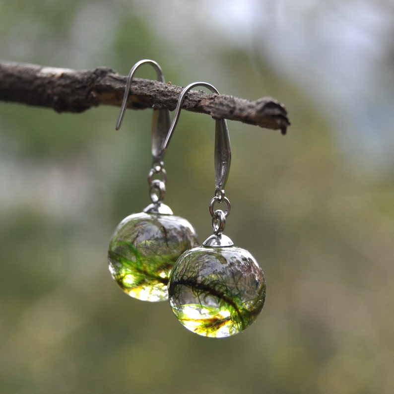 Forest Moss Drop Earrings \u2022 Terrarium Dangle Earrings \u2022 Resin Globe Earrings \u2022 Green Terrarium Jewellery \u2022 Earrings for Forest Wedding