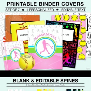 Kids Printable BINDER COVERS, SOFTBALL Binder Covers, 1 Personalized Cover, Kids School Binder Covers, Softball Binder Cover, Set of 6