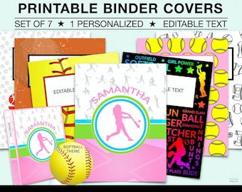 Kids Printable BINDER COVERS, SOFTBALL Binder Covers, 1 Personalized Cover, Kids School Binder Covers, Softball Binder Cover, Set of 6