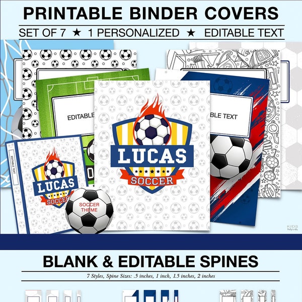 Kids Printable BINDER COVERS, Soccer Binder Covers, 1 Personalized Cover, Kids School Binder Covers, Soccer Binder Cover, Set of 7