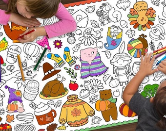 GIANT Thanksgiving Coloring Poster or Table Cover, Kids Thanksgiving Printable Activity, Holiday Tablecloth For School Parties, 24&quot; X 60&quot;