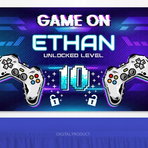 Cenário de videogame, aniversário de jogador, placa de jogo, cenário de festa de jogador, cenário de jogador personalizado, cenário digital personalizado para impressão