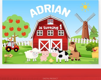 Puede incluir: Un granero rojo con una valla blanca de madera y un molino de viento. El granero tiene un letrero que dice "Adrian cumple 1 año". Hay animales de granja frente al granero, incluyendo una vaca, un cerdo, una oveja y un caballo. También hay manzanas en un árbol y un tractor en el fondo.