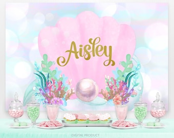 Meerjungfrau Kulisse, Meerjungfrau Geburtstag, Meerjungfrau Party, Meerjungfrau Muschel Banner, Babyparty, Geburtstag Kulisse benutzerdefinierte druckbare digitale Kulisse