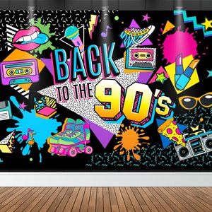 Decoraciones de Los 90's Feliz Cumpleaños, Telon de Fondo de Los 90's, Cartel de Fiesta de Nostalgia, Decoración de Fondo para Fiesta