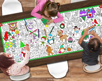 GIANT Christmas Coloring Poster or Table Cover, Kids Christmas Printable Activity, Holiday Tablecloth For School Parties, 24&quot; X 60&quot; Digital