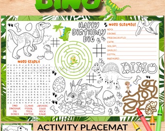Peut inclure: Un set de table d'activités sur le thème des dinosaures pour enfants. Il présente une recherche de mots, un labyrinthe, un mot mêlé et un dinosaure à colorier. Le set de table mesure 11 pouces par 17 pouces.