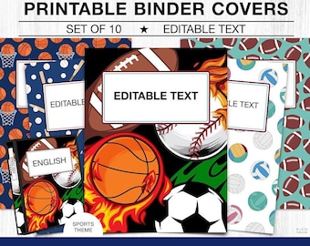 BINDER COVERS Printable EDITABLE, Boys Sports Binder Covers, Kids School Binder Covers, Football Baseball Basketball Soccer, 10 Designs
