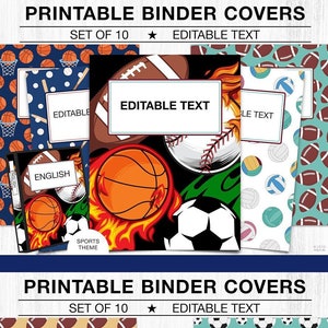 BINDER COVERS Printable EDITABLE, Boys Sports Binder Covers, Kids School Binder Covers, Football Baseball Basketball Soccer, 10 Designs
